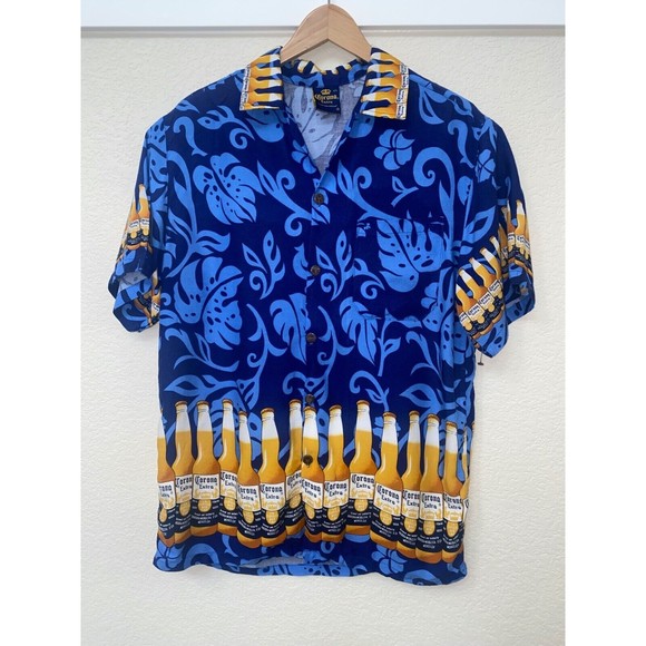 Corona Extra Hawaiian Shirt Men's L Blue Short Sleeve Hawaiian Camp Print - Picture 1 of 6